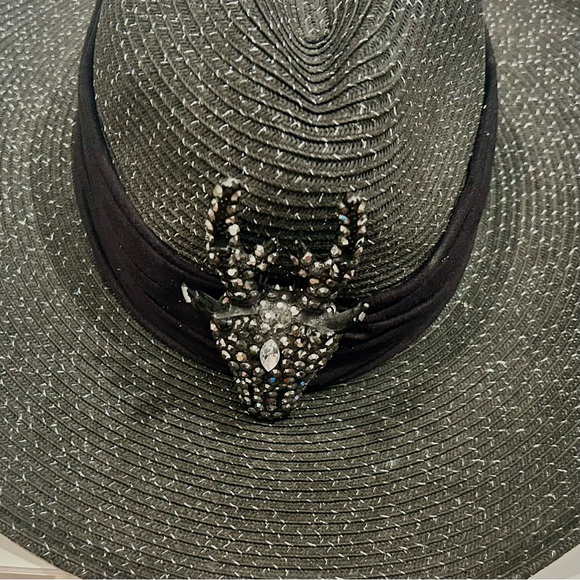 Black Western Straw Hat Jeweled Stag head Cowboy Party Texas Nashville Glamour - Picture 6 of 12